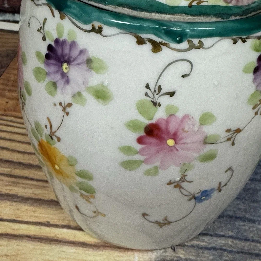 Antique Porcelain Biscuit/ Cookie Cracker Jar w‎ Lid Floral Hand-painted Kitschy